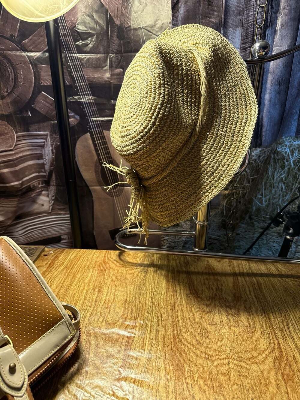 Women's Crocheted Raffia Straw Sun Hat with Flower & Frayed Detail